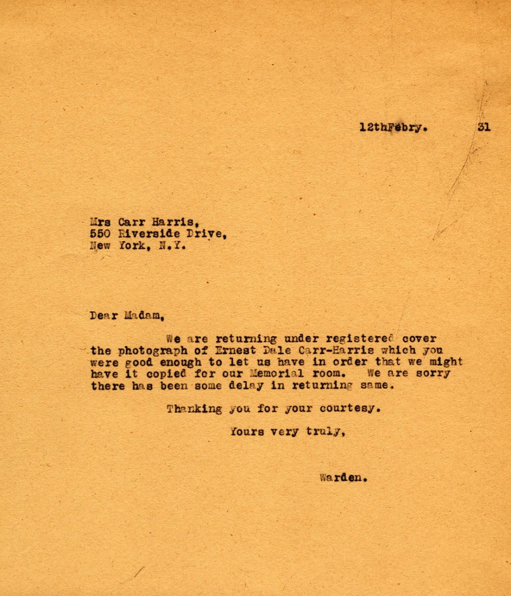 Letter from the Warden to Mrs. Carr-Harris, 12th February 1931