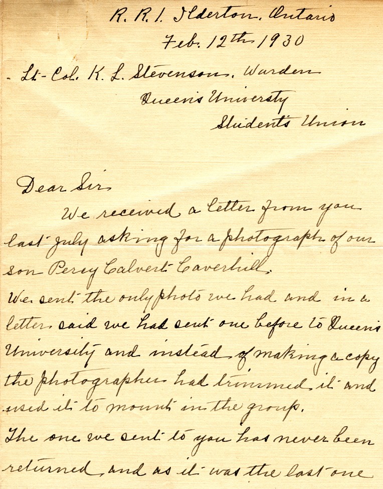 Letter from Mrs. Wm.A. Caverhill to Lt. Col. K.L. Stevenson, 12th February 1930, Page 1