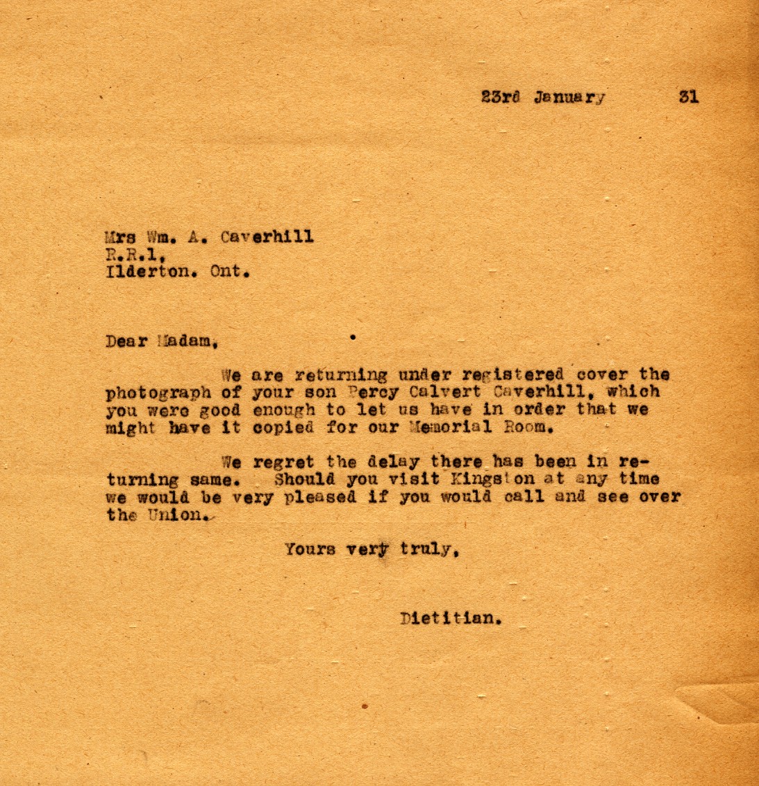 Letter from the Dietitian to Mrs. Wm. A. Caverhill, 23rd January 1931