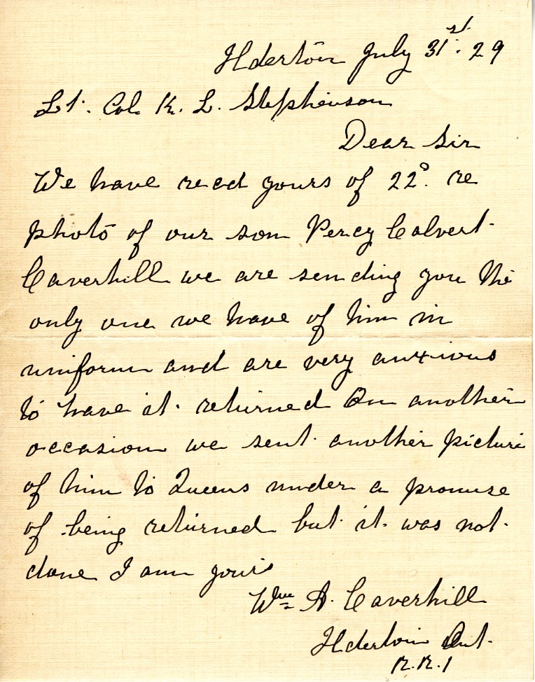 Letter from Mrs. Wm. A. Caverhill to Lt. Col. K.L. Stevenson, 31st July 1929