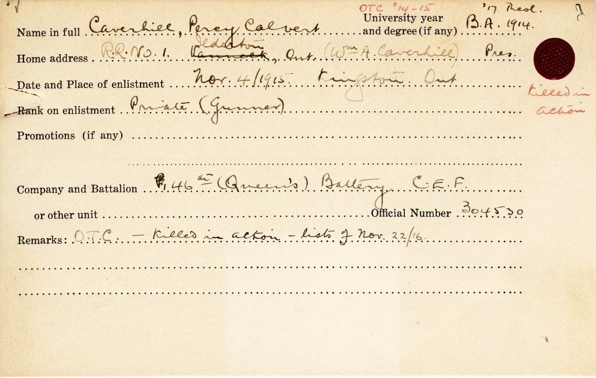 University Military Service Record of Caverhill