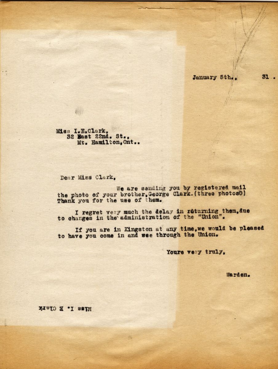 Letter from the Warden to Miss Isabel E. Clark, 5th January 1931