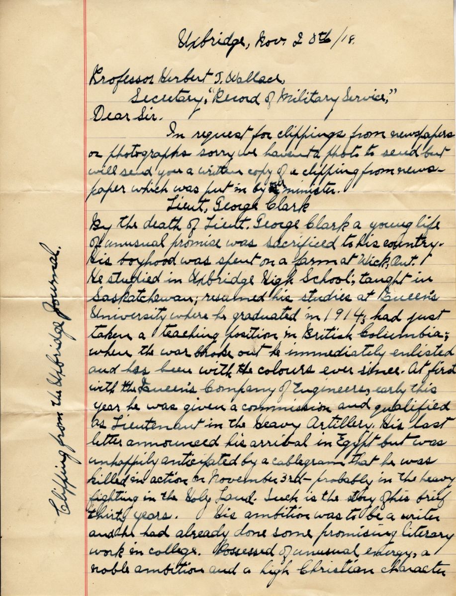 Letter from Miss Isabel E. Clark to Prof. Herbert Wallace, 1918, page 1
