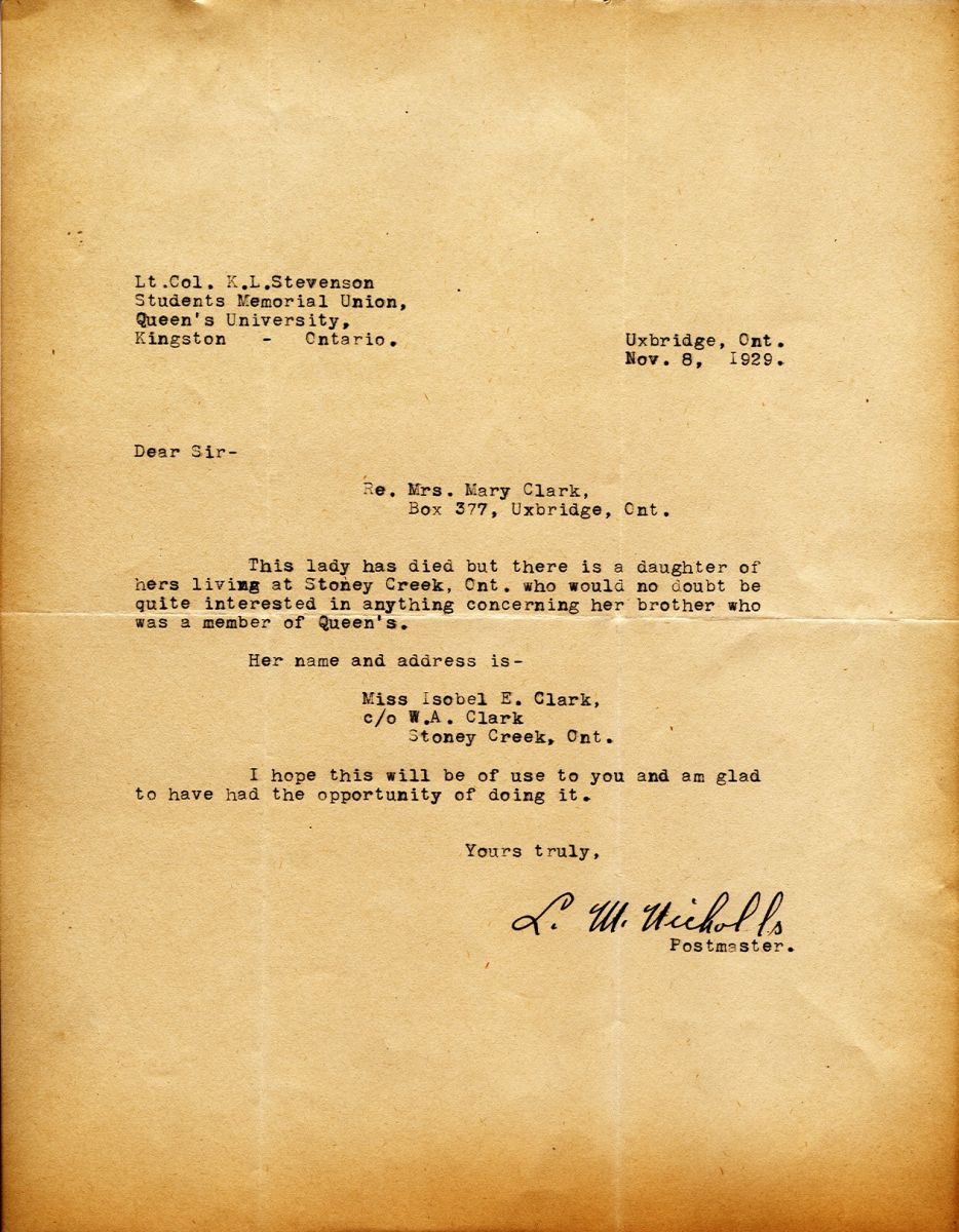 Letter from L.W. Nicholls to Lt. Col. K.L. Stevenson, 8th November 1929