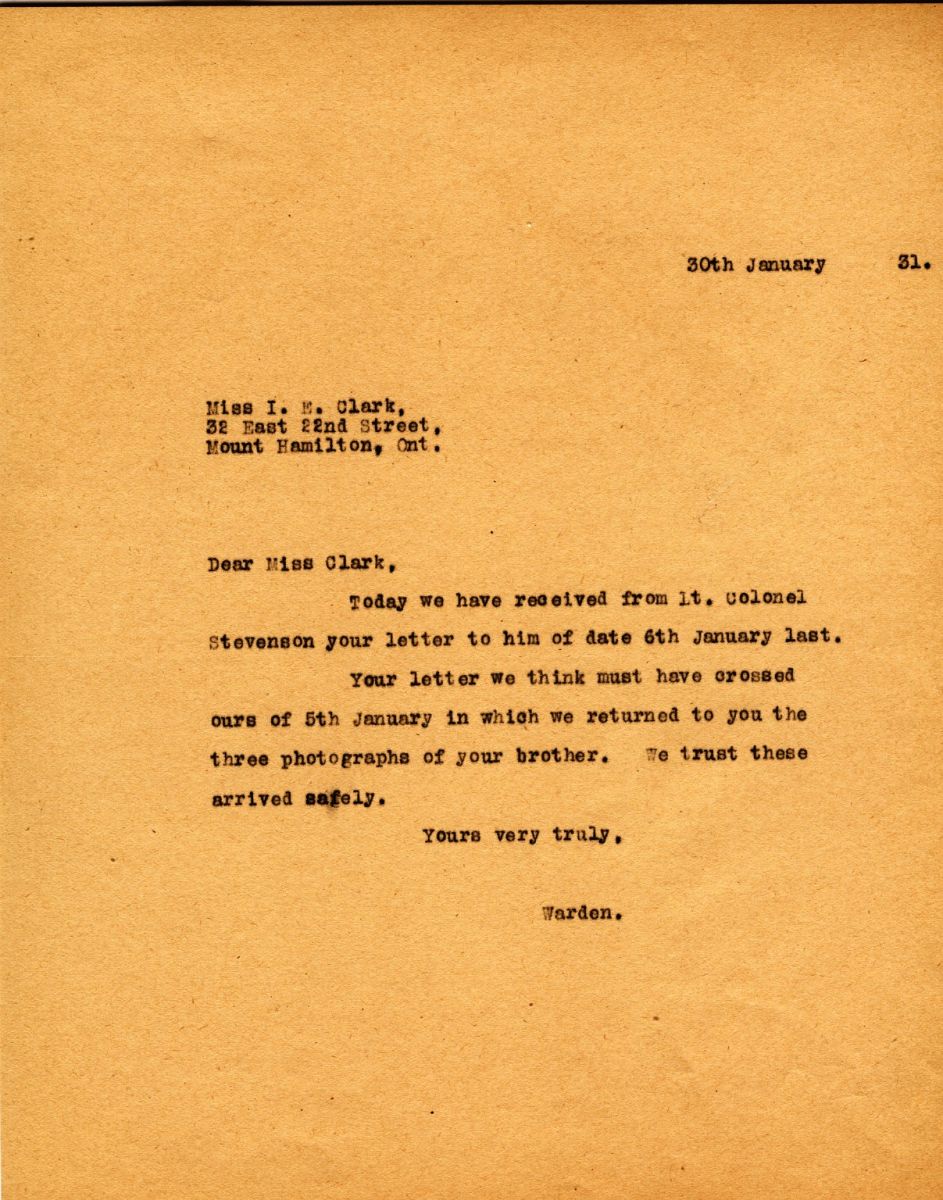Letter from the Warden to Miss Isobel Clark, 30th January 1931