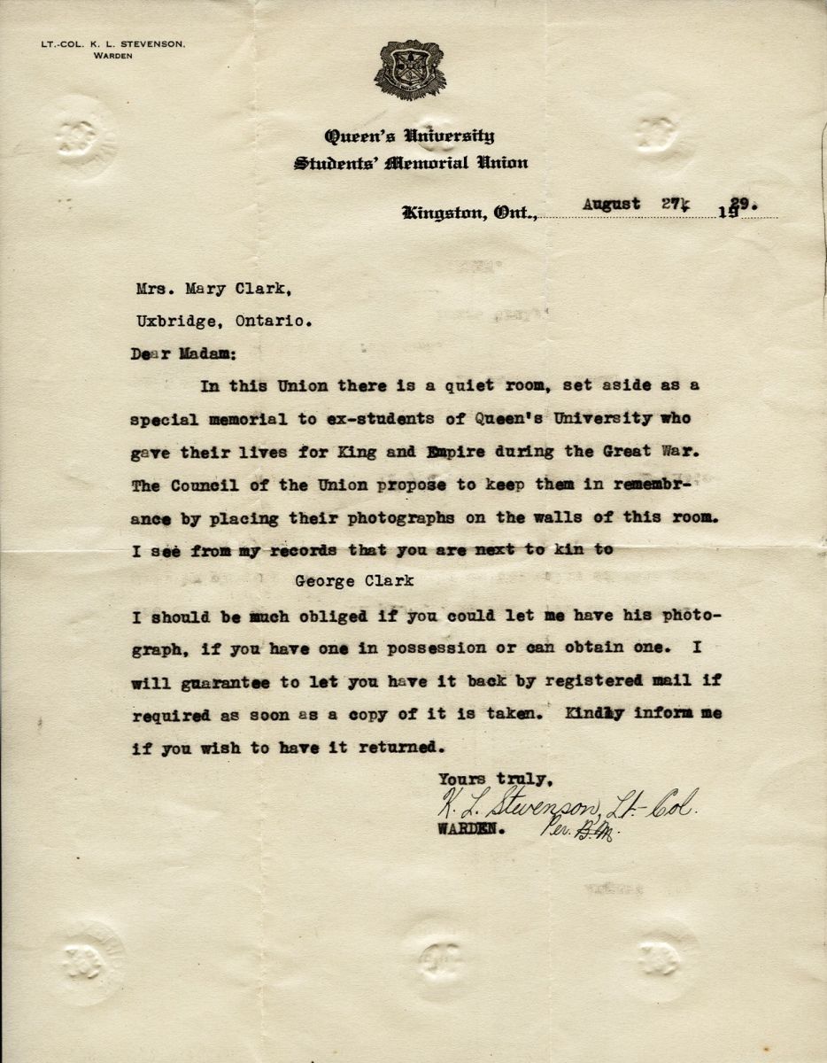 Letter from Lt. Col. K.L. Stevenson to Mrs. Mary Clark, 27th August 1929