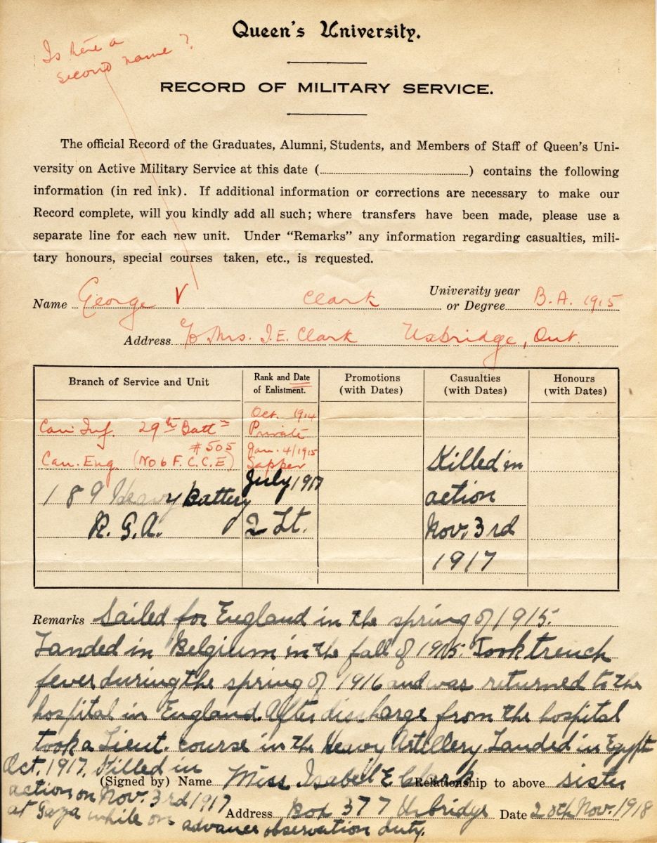 George V. Clark, Queen's University Record of Military Service