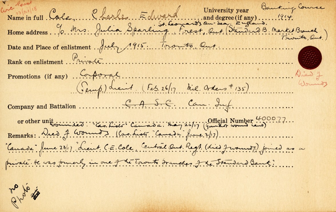 University Military Service Record of Cole