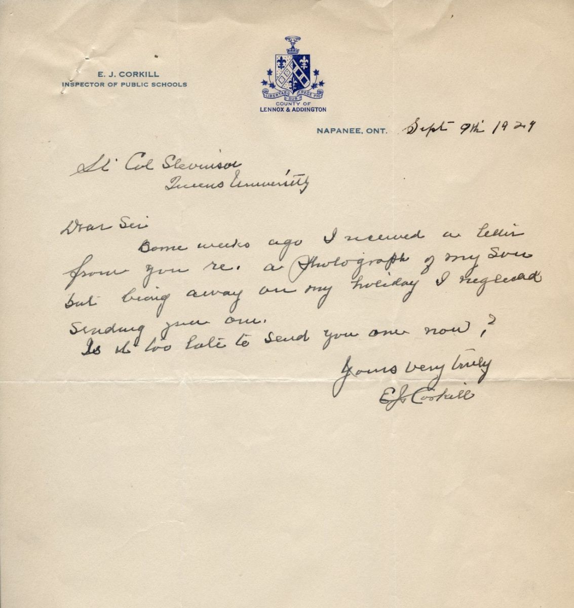 Letter from E.J. Corkill to Lt. Col. K.L. Stevenson, 9th September 1929