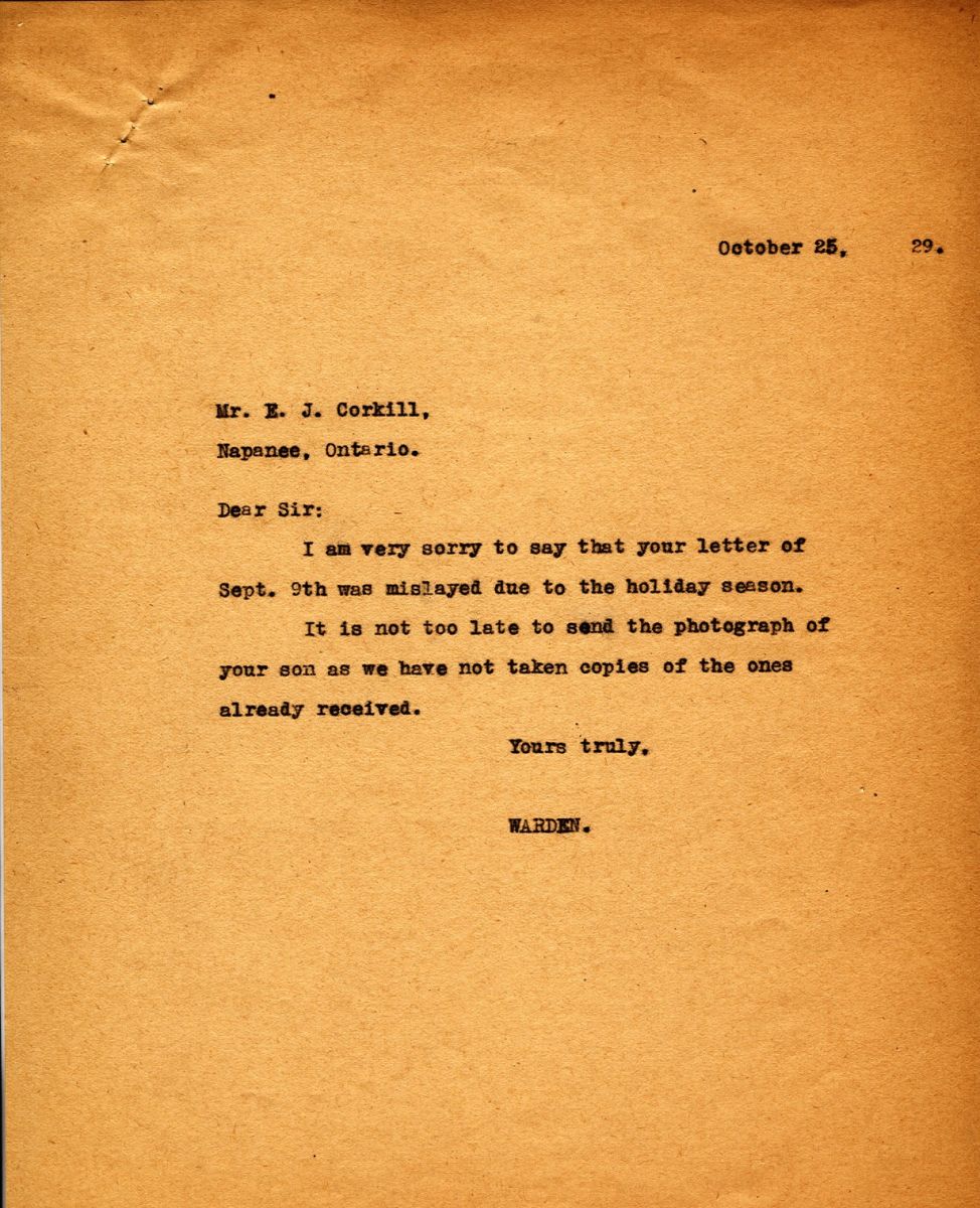 Letter from the Warden to Mr. E.J. Corkill, 25th October 1929