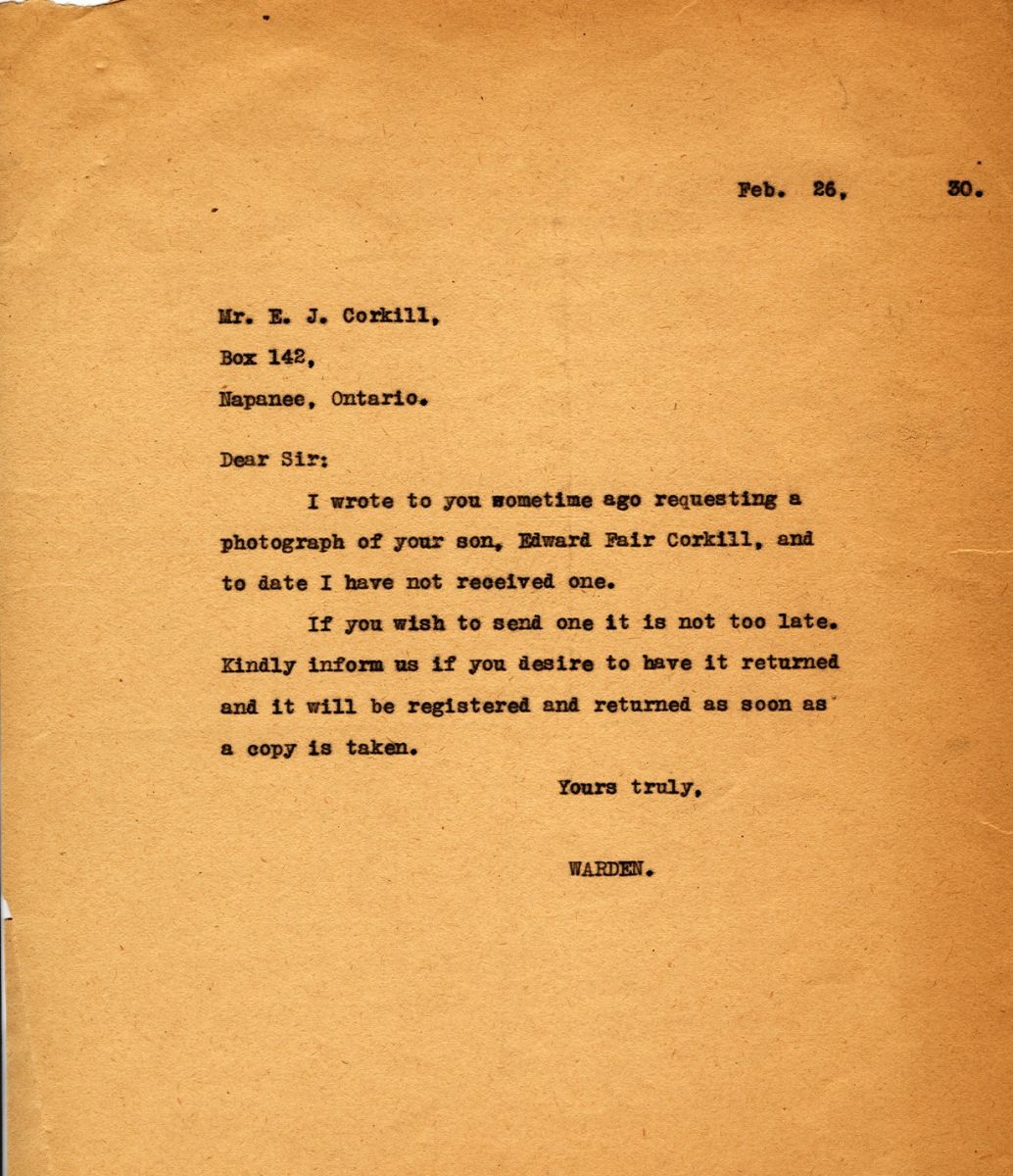 Letter from the Warden to Mr. E.J. Corkill, 26th February 1930