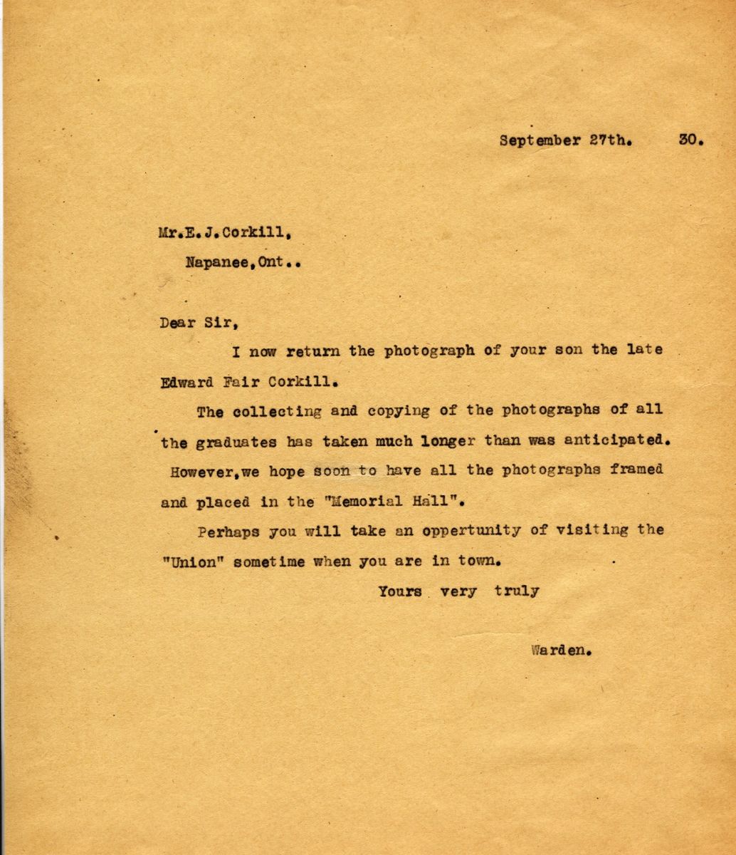 Letter from the Warden to Mr. E.J. Corkill, 27th September 1930