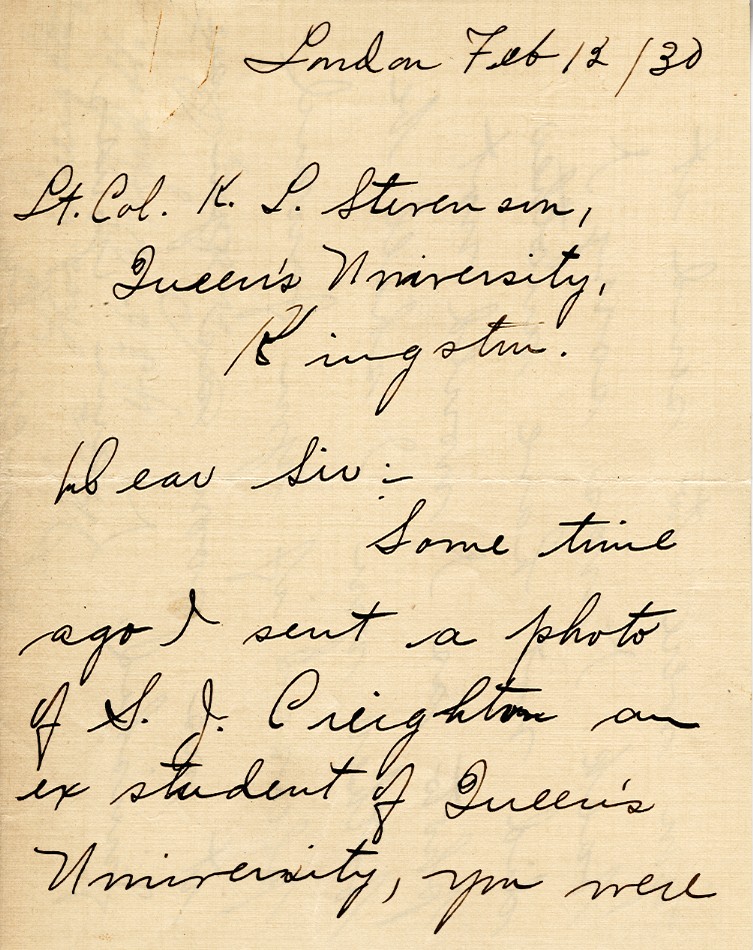 Letter from Mrs. L.W. Creighton to Lt. Col. K.L. Stevenson, 12th February 1930, Page 1
