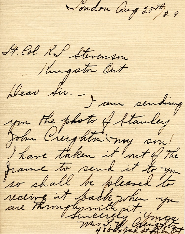 Letter from Mrs. L.W. Creighton to Lt. Col. K.L. Stevenson, 28th August 1929
