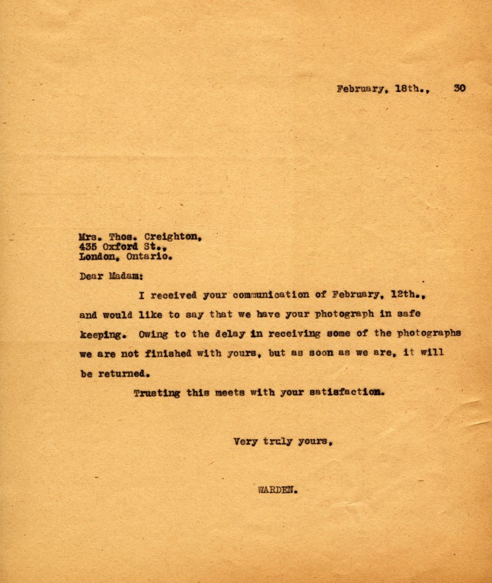 Letter from the Warden to Mrs. Thos. Creighton, 18th February 1930