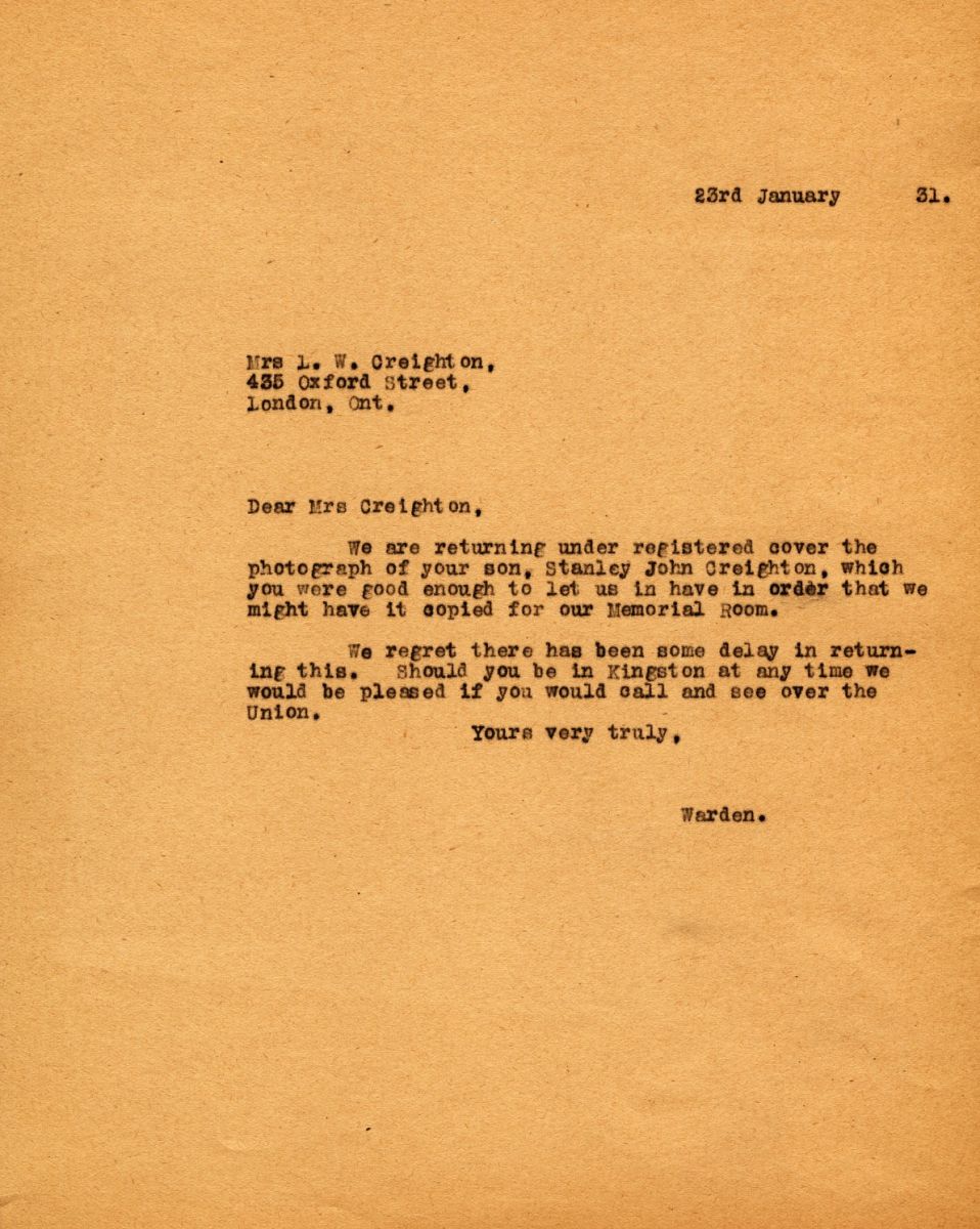 Letter from the Warden to Mrs. L.W. Creighton, 23rd January 1931