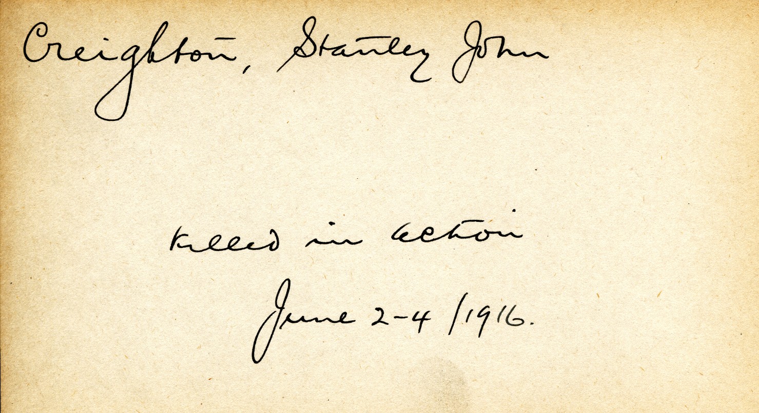 Card Describing Cause of Death of Creighton, June 1916