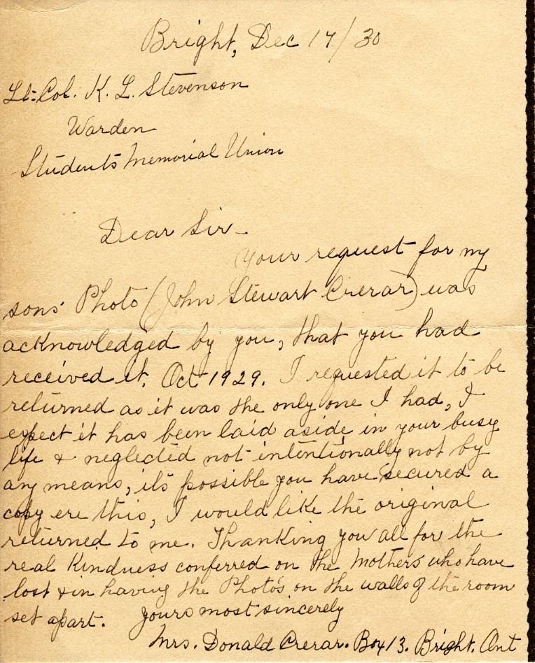 Letter from Mrs. Donal Crerar to the Lt. Col. K.L. Stevenson, 17th December 1930