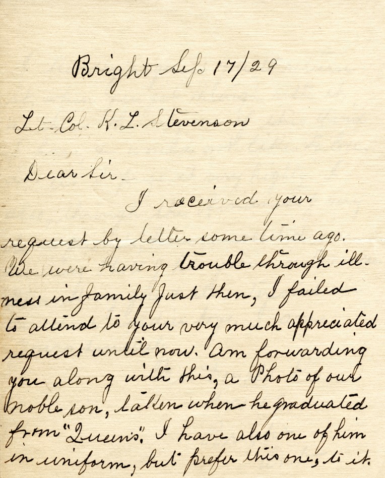 Letter from Mrs. Donald Crerar to Lt. Col. K.L. Stevenson, 17th September 1929, Page 1
