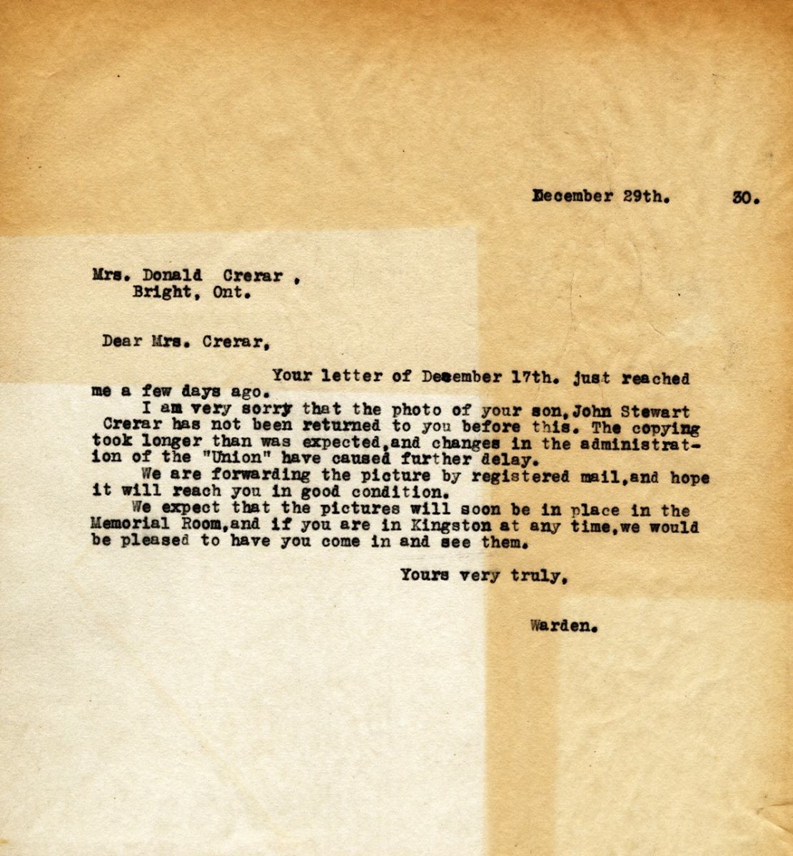 Letter from the Warden to Mrs. Donald Crerar, 29th December 1930