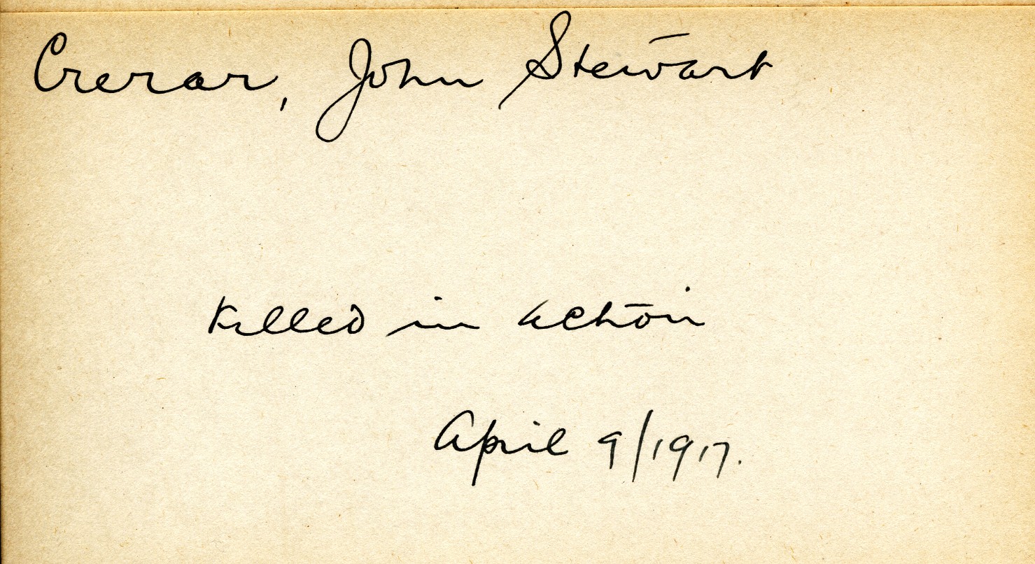 Card Describing Death of Crerar, 9th April 1917