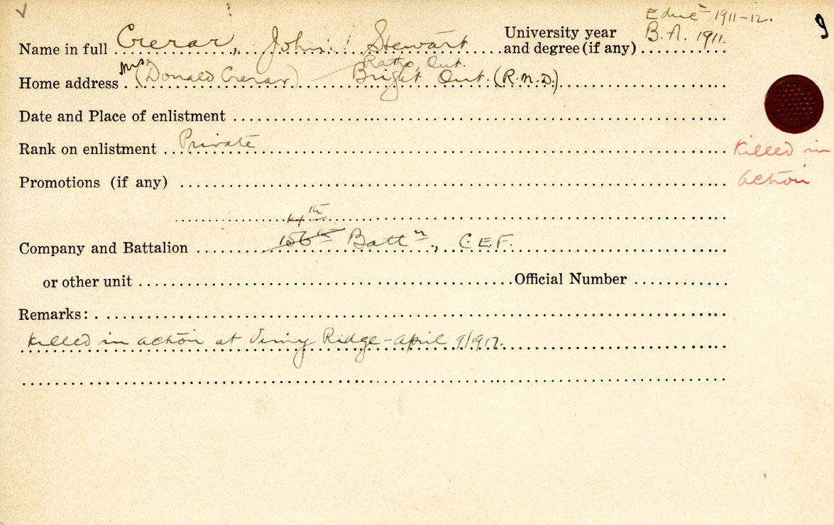 University Military Service Record of Crerar