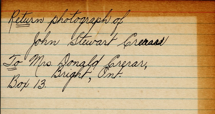 Photograph Return Address Card of Crerar