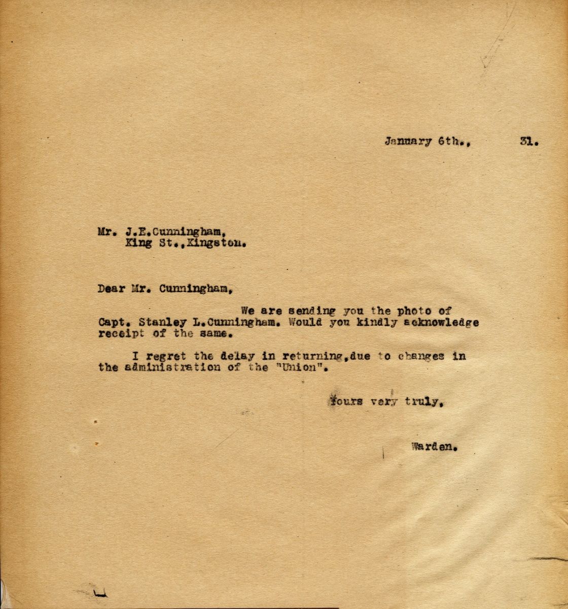 Letter from the Warden to Mr. J.E. Cunningham, 6th January 1931
