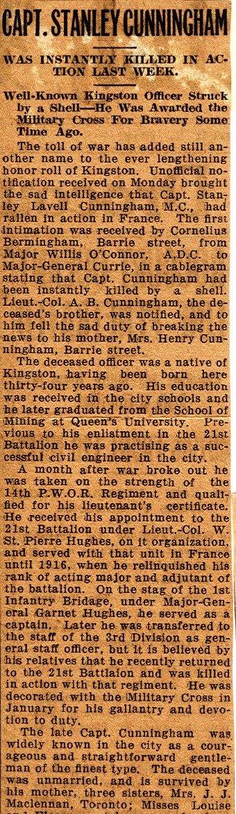 News Clipping Reporting Death of Cunningham