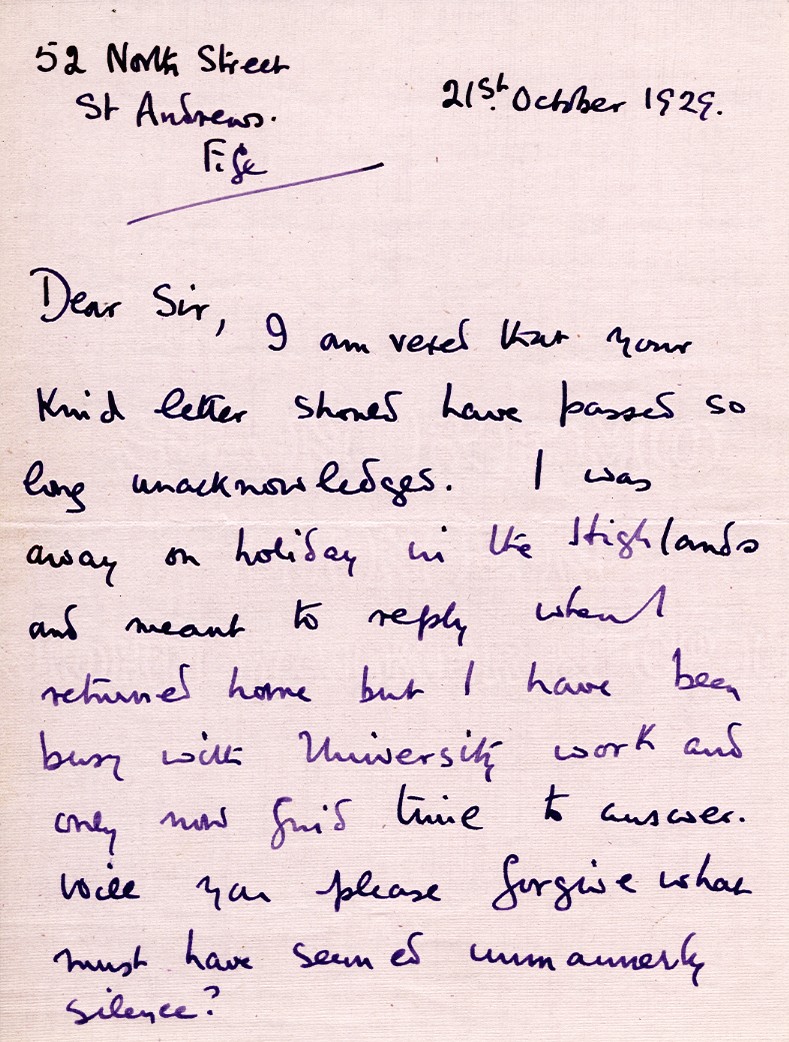 Letter from N.F.E. Dall, 21st October 1929, Page 1