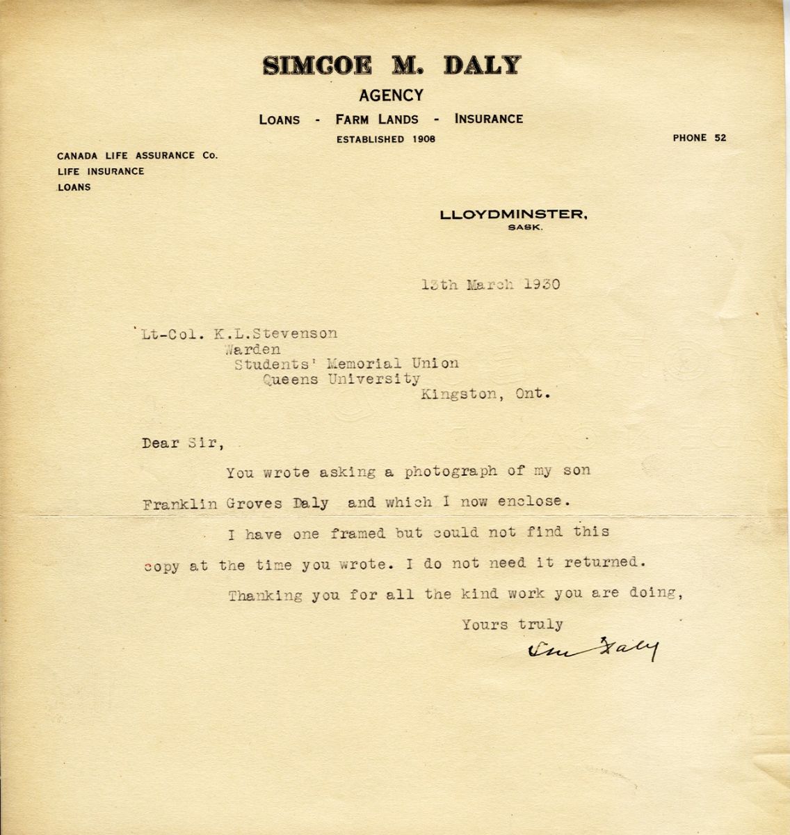 Letter from Simcoe M. Daly to Lt. Col. K.L. Stevenson, 13th March 1930