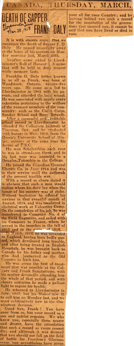 News Clipping Reporting Death of Daly, 28th March 1918