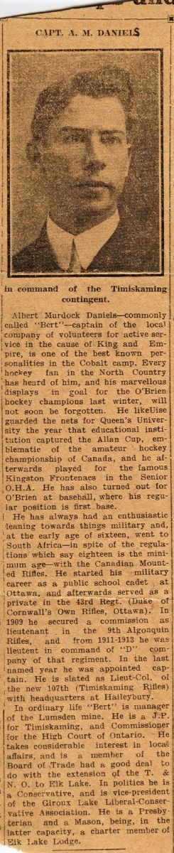 News Clipping Reporting Daniels' Reception of the Timiskaming Contingent Command
