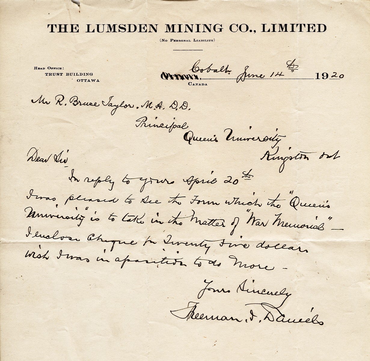 Letter from Freeman Daniels to Mr. R. Bruce Taylor, 14th June 1920
