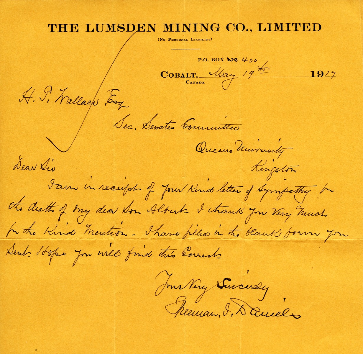 Letter from Freeman Daniels to H.J. Wallace Esq, 19th May 1917