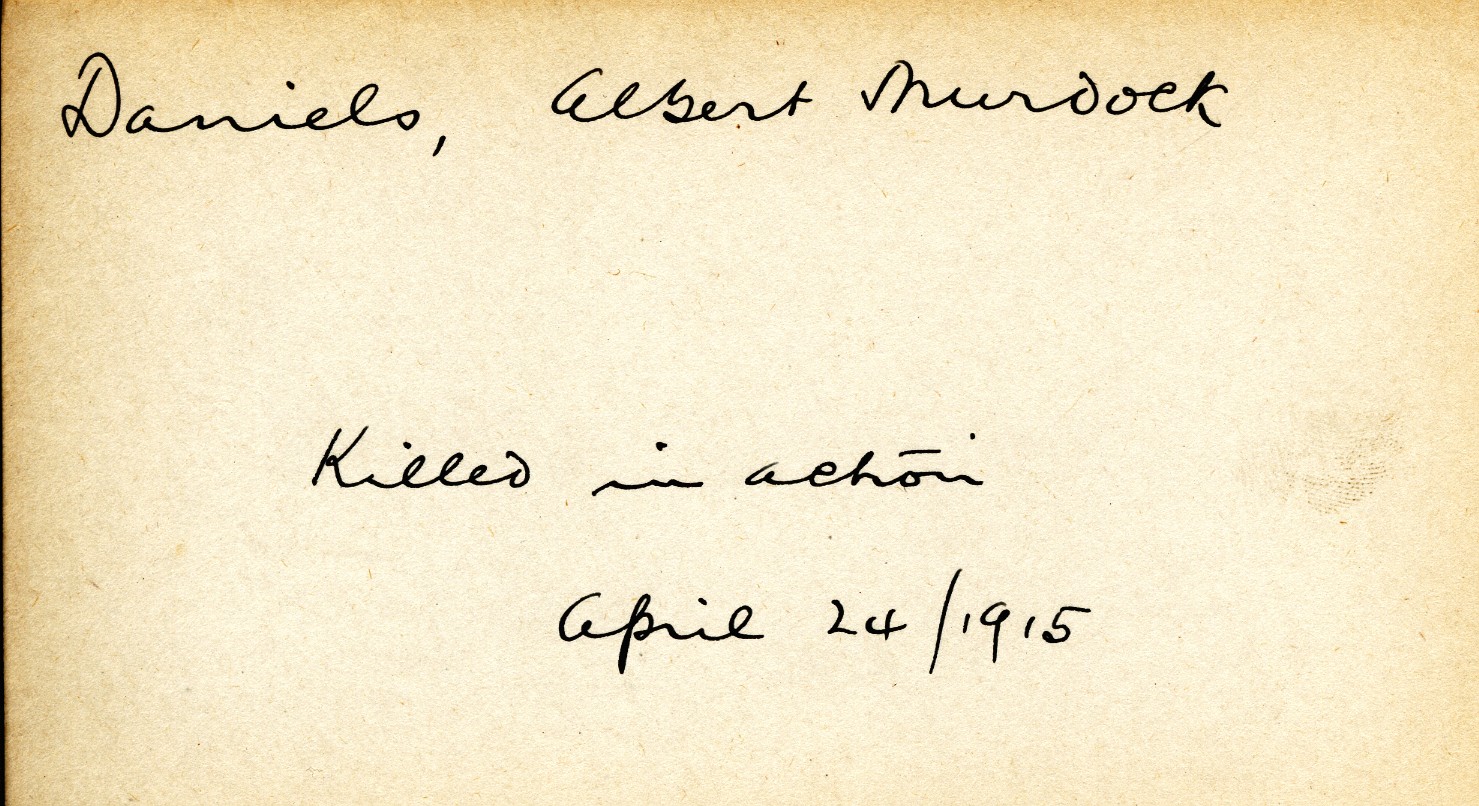 Card Describing Cause of Death of Daniels, 24th April 1915