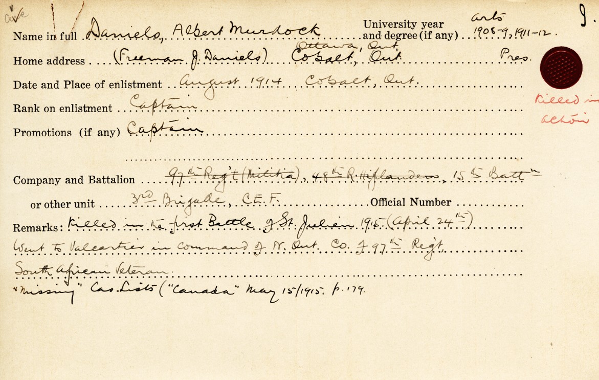 University Military Service Record of Daniels
