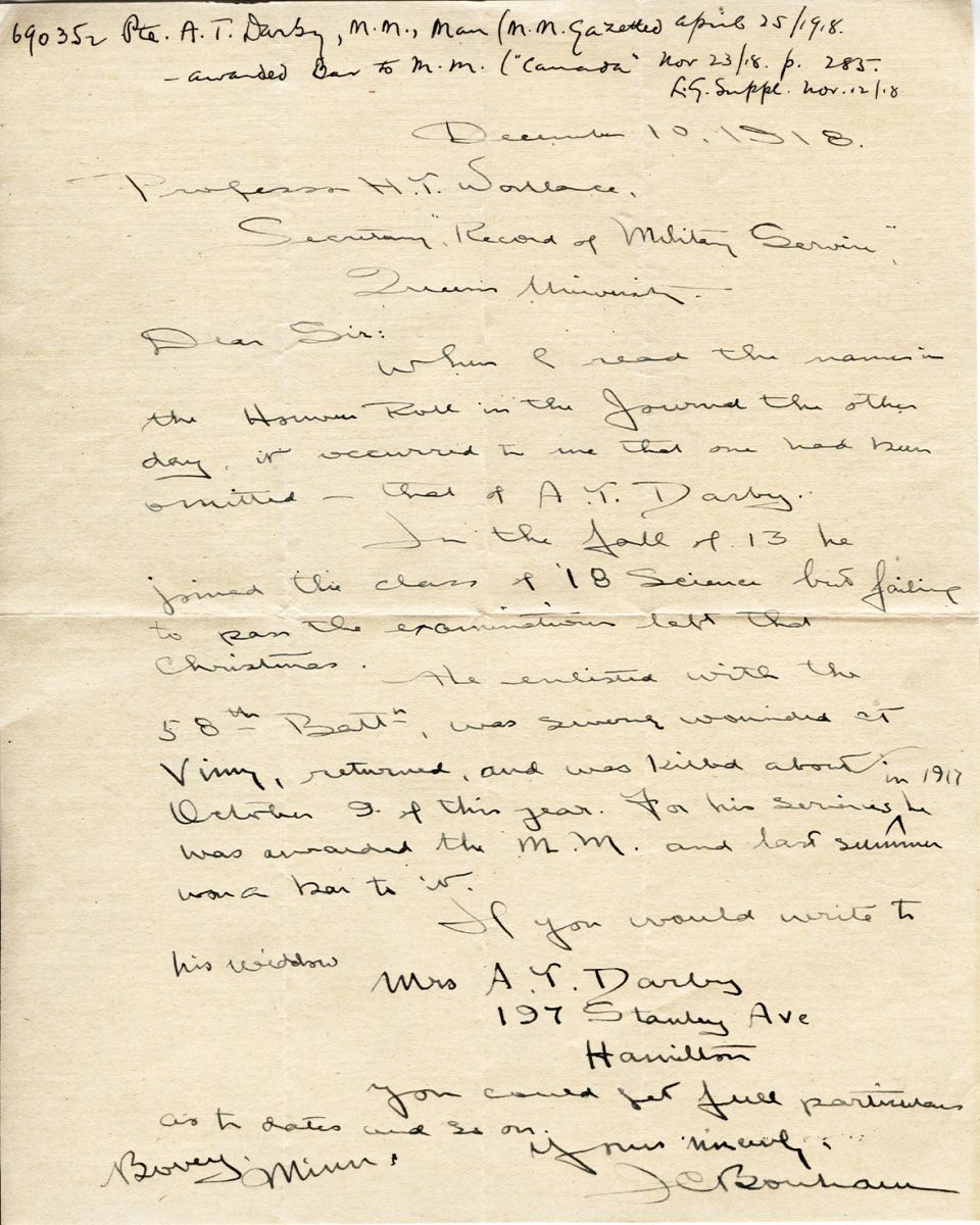 Letter from Mrs. A.T. Darby to Prof. H.T. Wallace, 10th December 1918