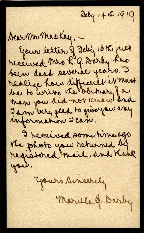Letter from Mrs. Marilla G. Darby to Mr. Mackay, 14th February 1919