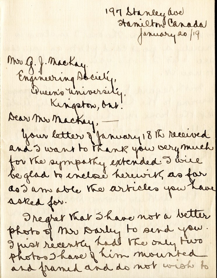Letter from Mrs. Marilla G. Darby to Mr. G.J. Mackay, 20th January 1919, Page 1