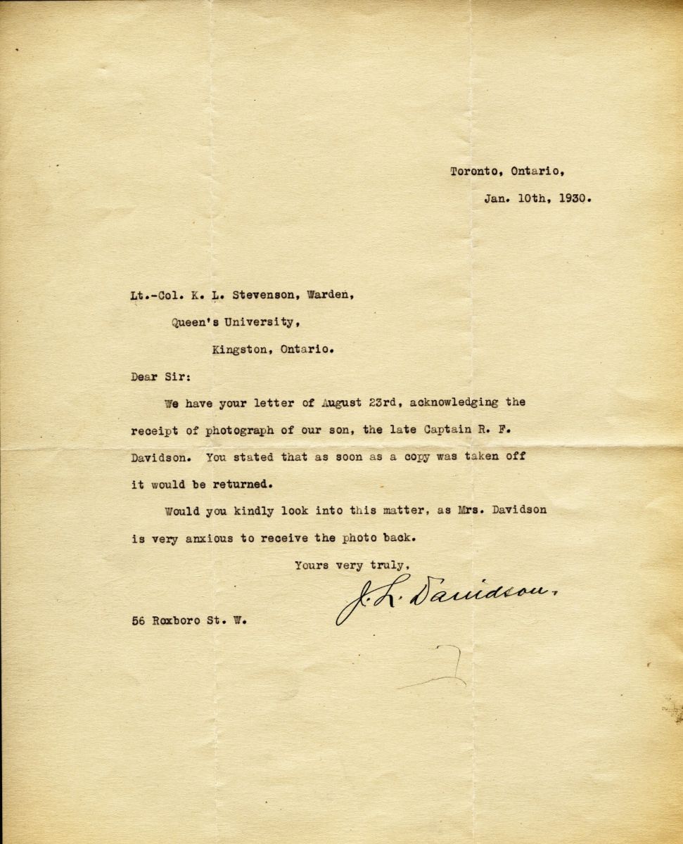 Letter from J.L. Davidson to Lt. Col. K.L. Stevenson, 10th January 1930