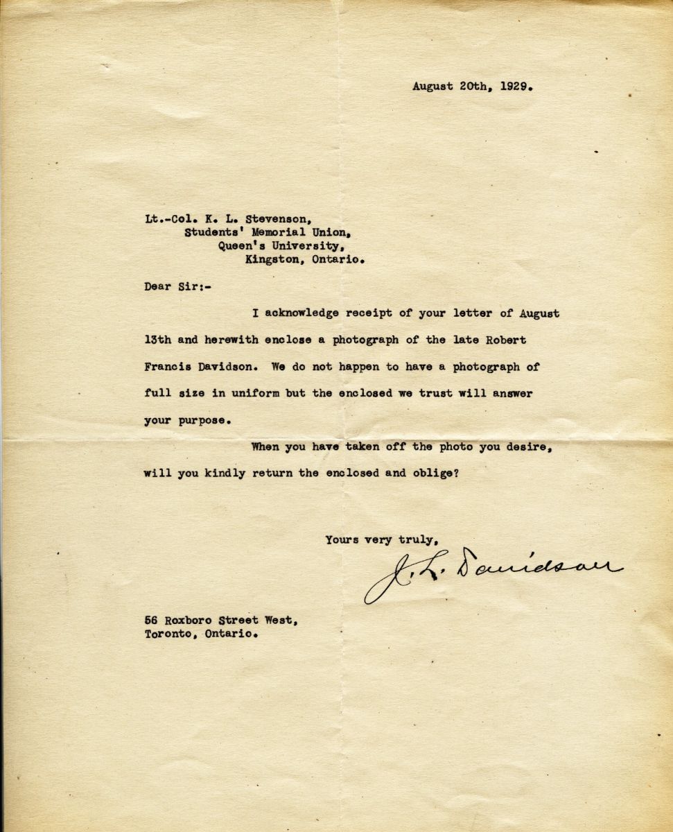 Letter from J.L. Davidson to Lt. Col. K.L. Stevenson, 20th August 1929