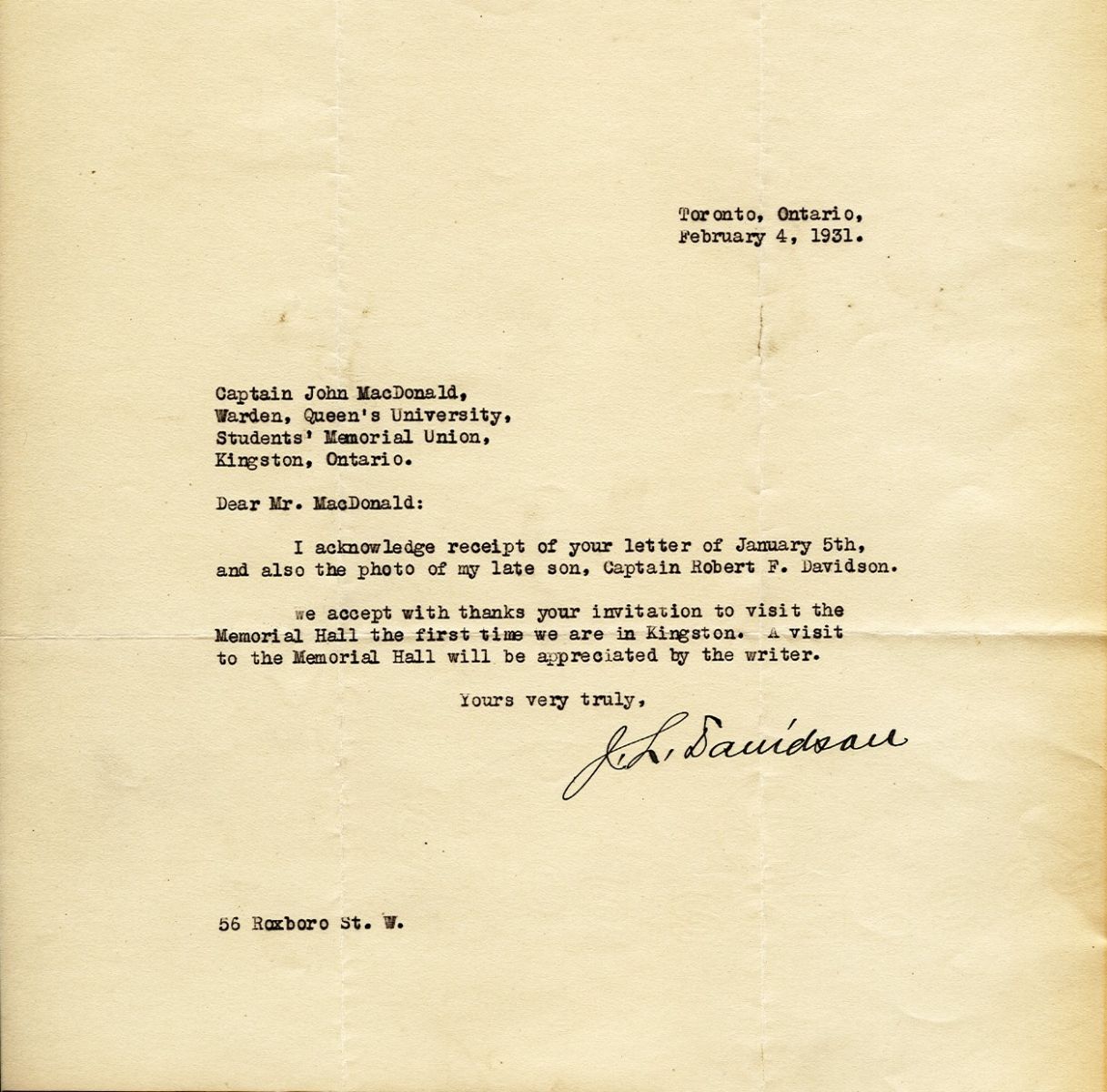 Letter from J.L. Davidson to Captain John MacDonald, 4th February 1931