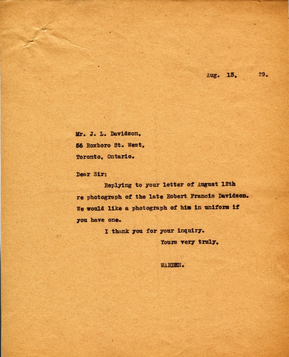 Letter from the Warden to Mr. J.L. Davidson, 15th August 1929