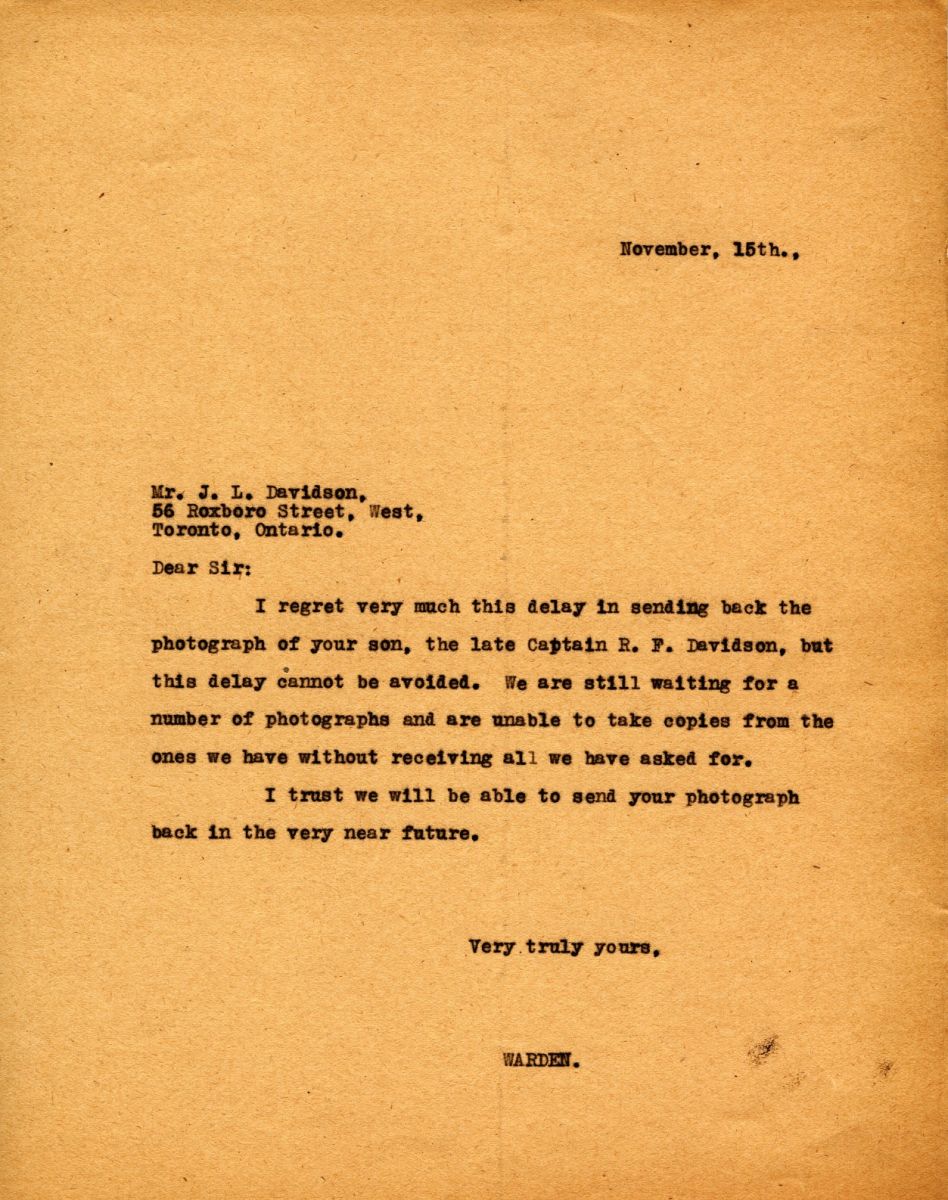 Letter from the Warden to Mr. J.L. Davidson, 15th November
