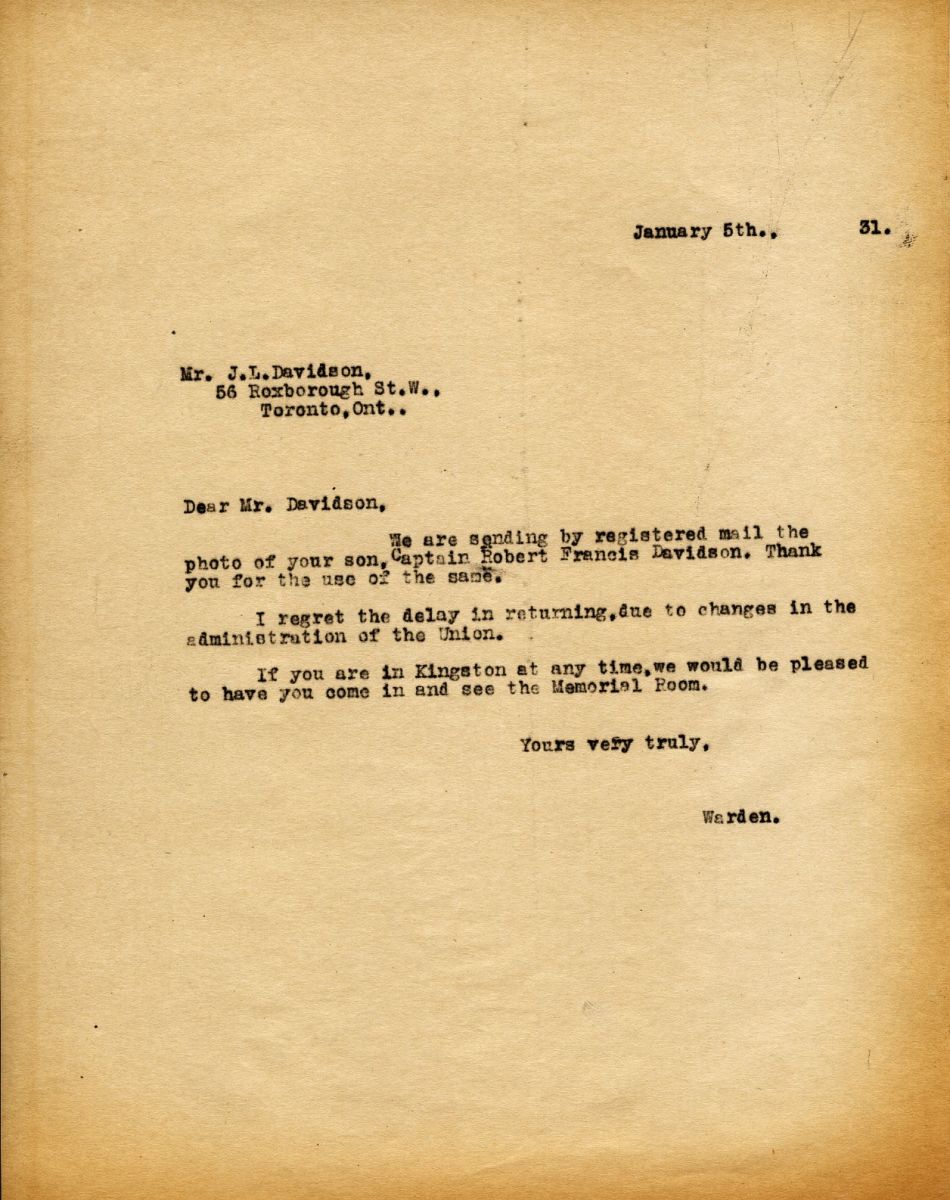 Letter from the Warden to Mr. J.L. Davidson, 5th January 1931