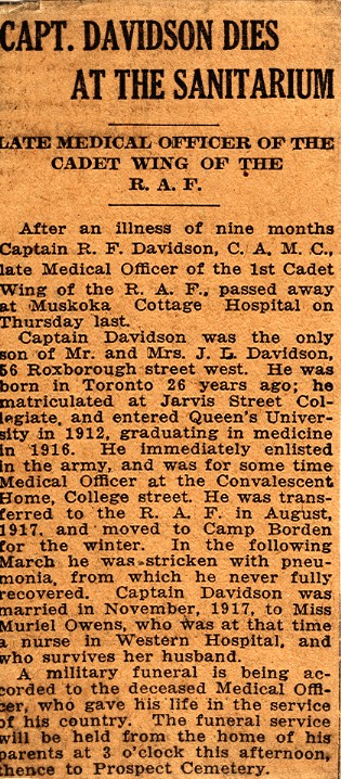 News Clipping Reporting Death of Capt. Davidson
