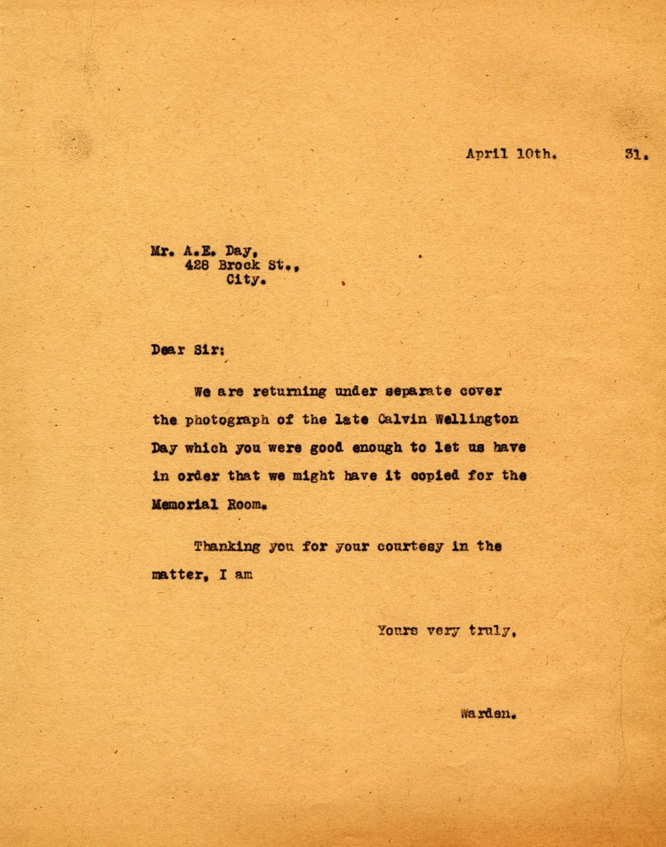 Letter from the Warden to Mr. A.E. Day, 10th April 1931