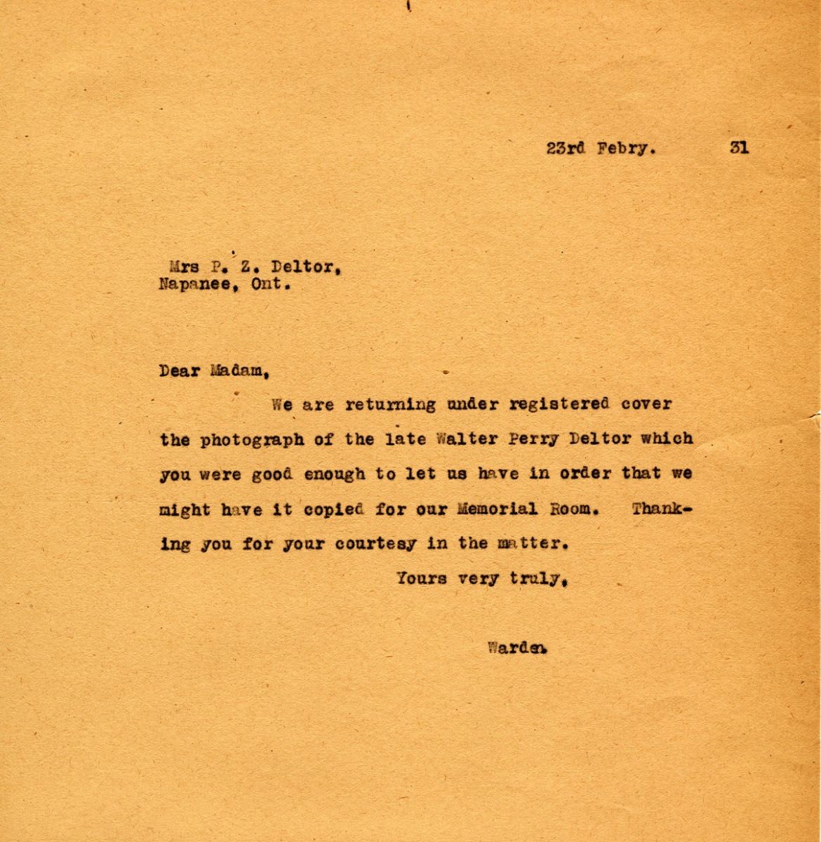 Letter from the Warden to Mrs. P.E. Detlor, 23rd February 1931