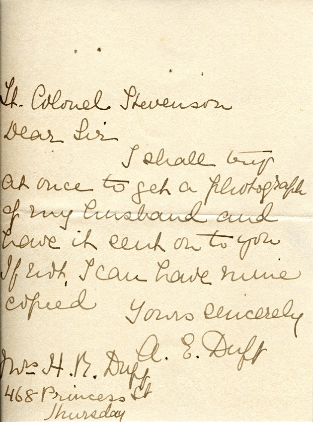Letter from Mrs. A.E. Duff to Lt. Col. K.L. Stevenson